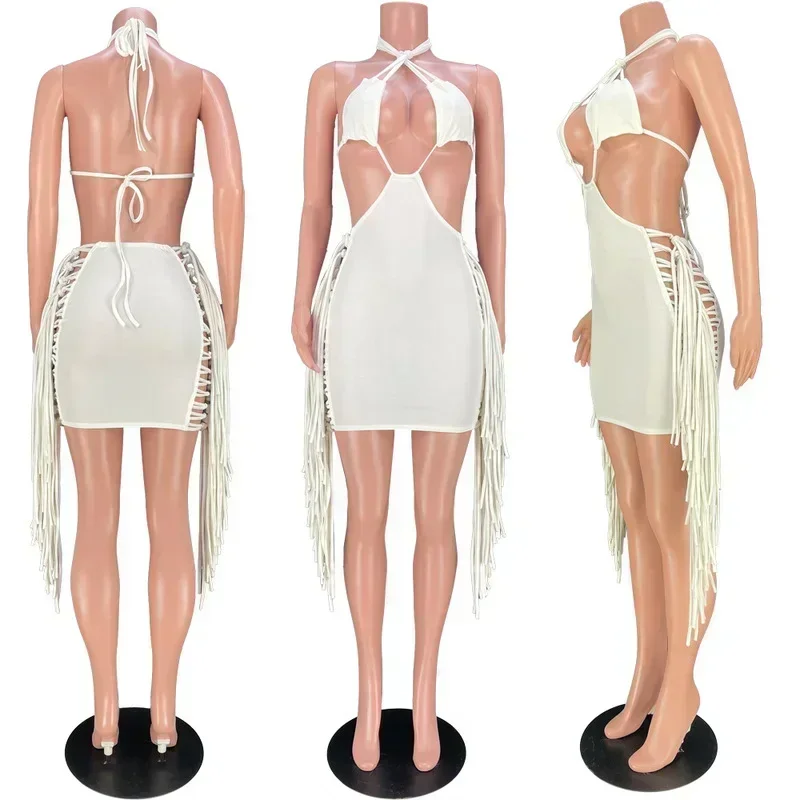GUWU ノースリーブ ホルターネック カットアウト フリンジ ドレス オフショルダー パーティー ナイトドレス フェスティバル衣装 クラブウェア