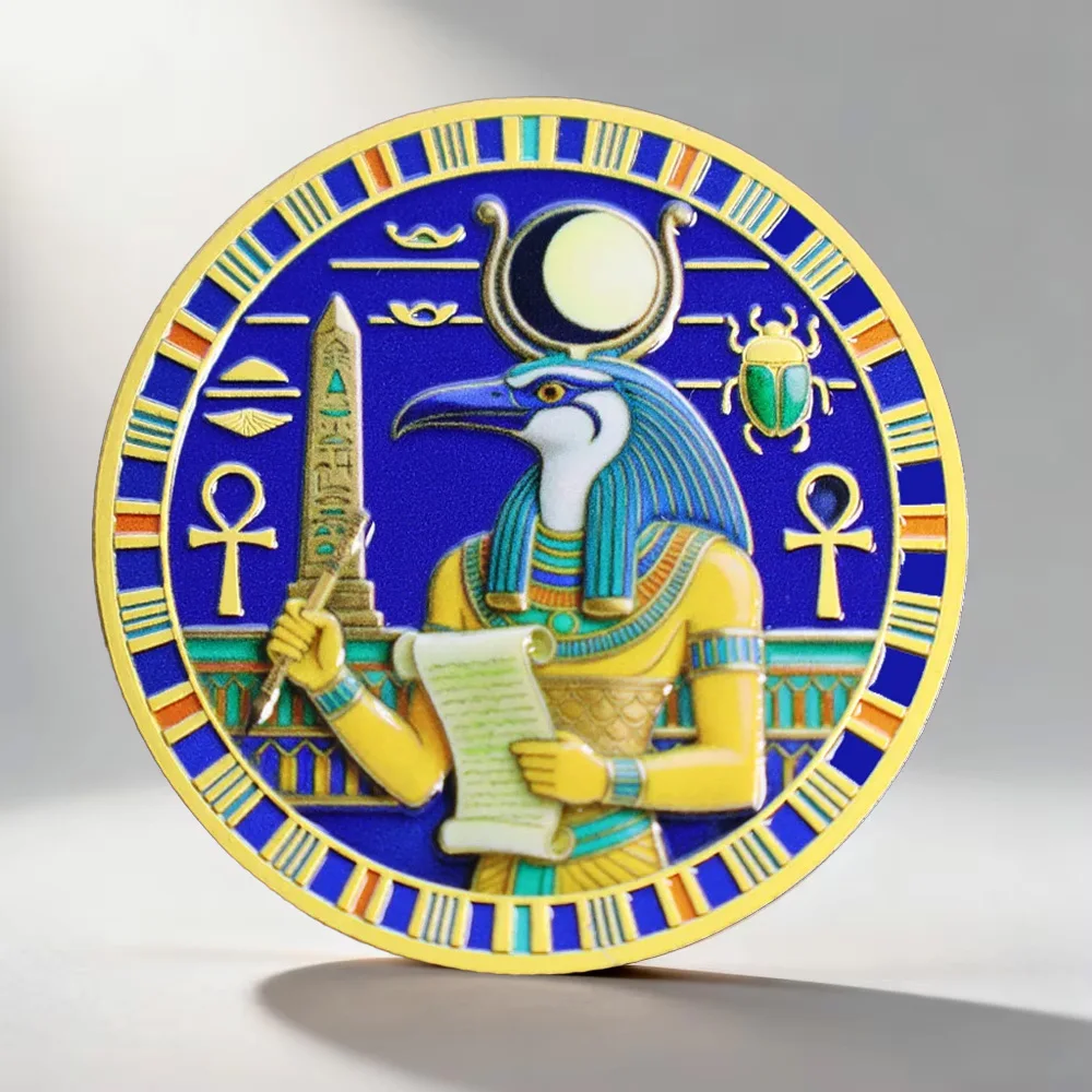 Golden Egyptian Mythology Thoth Ibis Horus Falcon Pattern Souvenir Coin Colorful Enamel Pyramid Collectible Coin Collector Gift