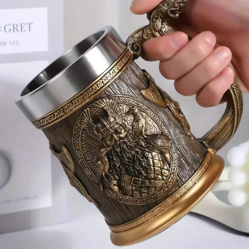 

3D Retro Viking Skull Mugs Large Capacity 600ml Nordic Pirate Tankard Stainless Steel Resin Beer Mug Coffee Cup Bar Drinkware