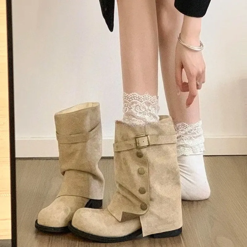Winter Square Heel Women Mordern Trouser Legs Boots Fashion Belt Buckle Slip on Shoes Ladies Banquet Party Mid Calf Booties