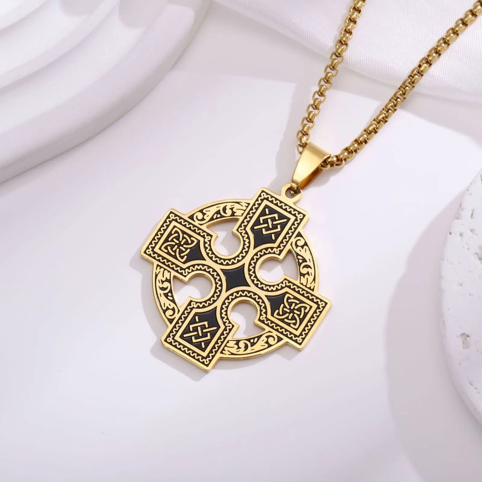 Keltisches Kreuz Anhänger Halskette Edelstahl Irisches Druiden-Amulett Nordischer Wikingerknoten Schmuck Geschenk für Männer Frauen – Detail 2