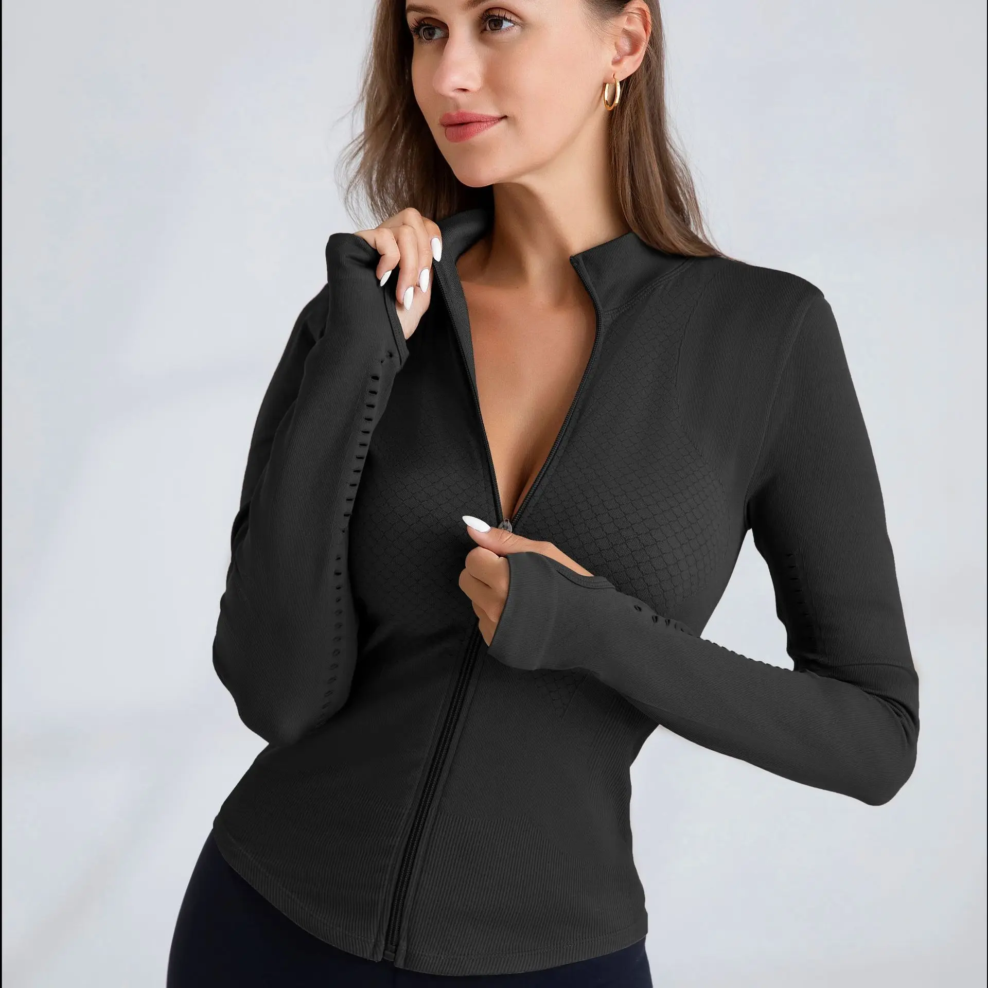 

Одежда для фитнеса с полой молнией и длинными рукавами, женская весенне-осенняя одежда для спорта на открытом воздухе, бега, кардиган с круглым вырезом, тонкая одежда для йоги