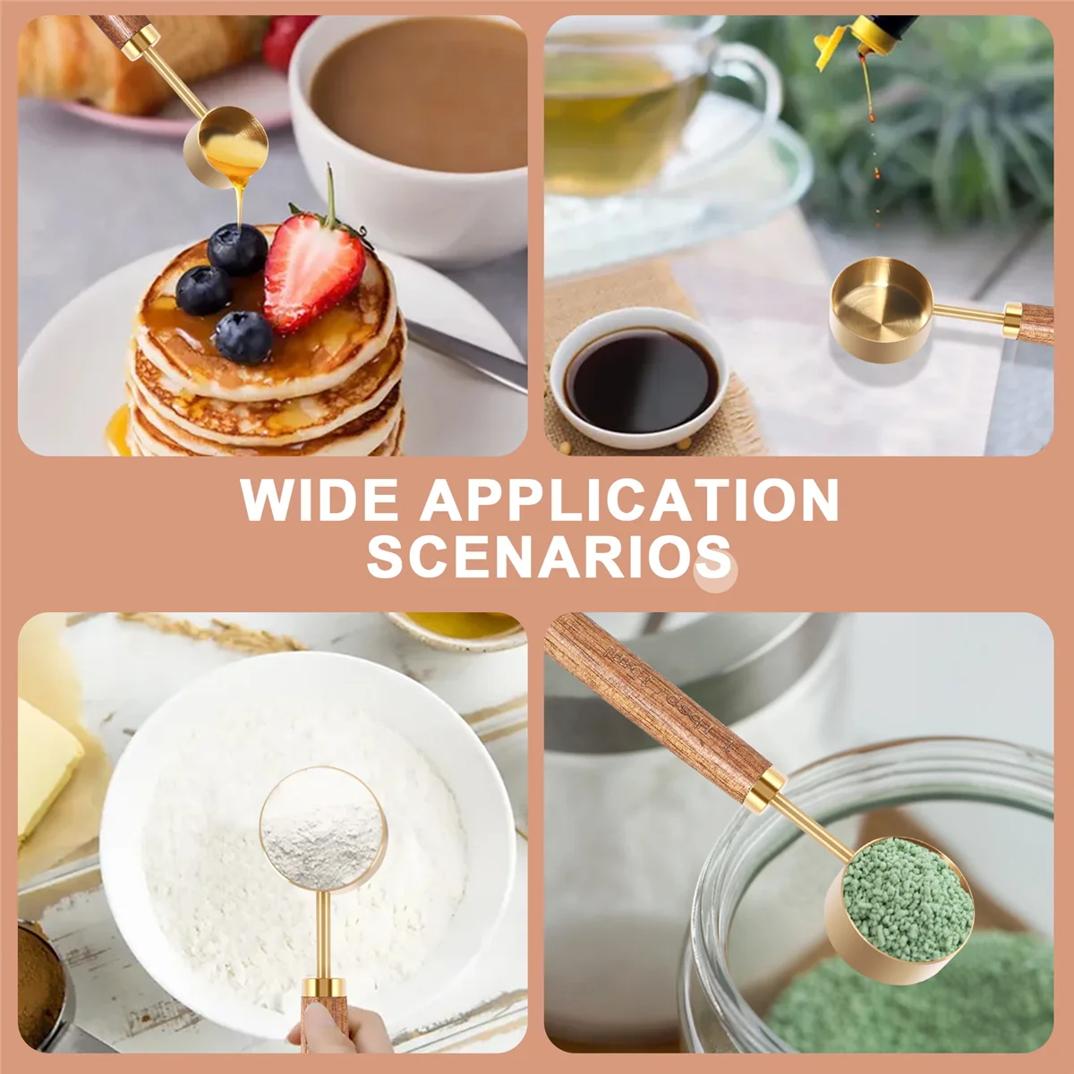 Juego de cucharas medidoras de F-3C, mango de madera, cuchara medidora de acero inoxidable, Kit de herramientas para hornear, accesorios de cocina 1