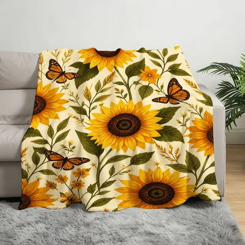 Sunflower Butterfly Floral Flannel Throw Blanket, Soft Cozy Lightweight Botanical Fleece Blanket for Bedroom Sofa Home Decoration