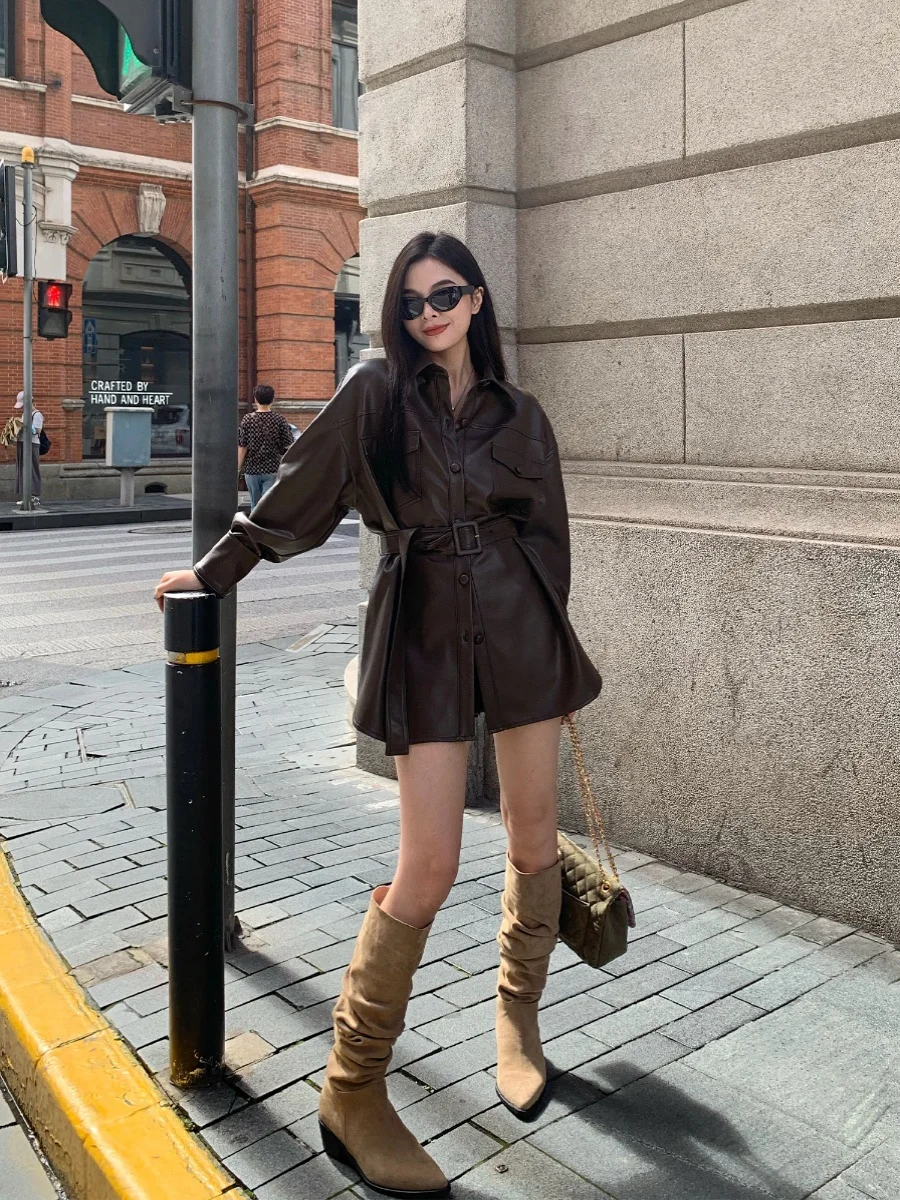 ChenMiFan Women's Long Sve PU Leather Jaet Biker Sle Personali Loose Fit Waist Cinched Outerwear Faionable Coat