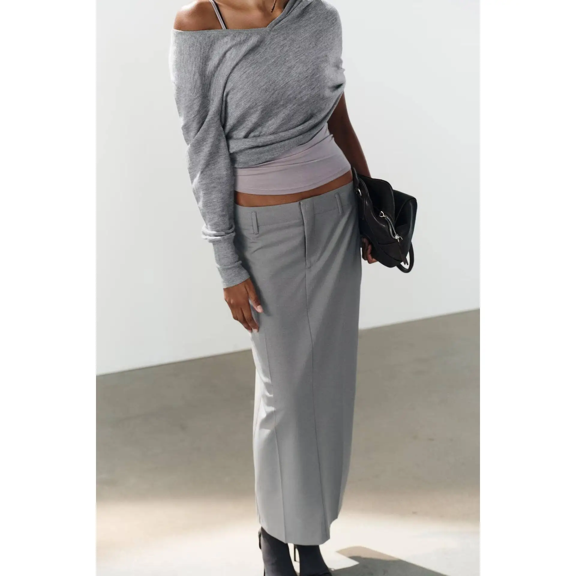 Early Autumn New Arrival Women's Fashion Midi Skirt Belted Slimming ZR Style Polyester Fiber Straight Cut mid Waist Skirt