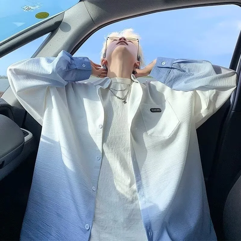 Męska koszula o luźnym kroju, długa, tie-dye, adient irt, plus size, modna, oversize, casualowa, uniwersalna, z włókna poliestrowego, zapewniająca uczucie chłodu.