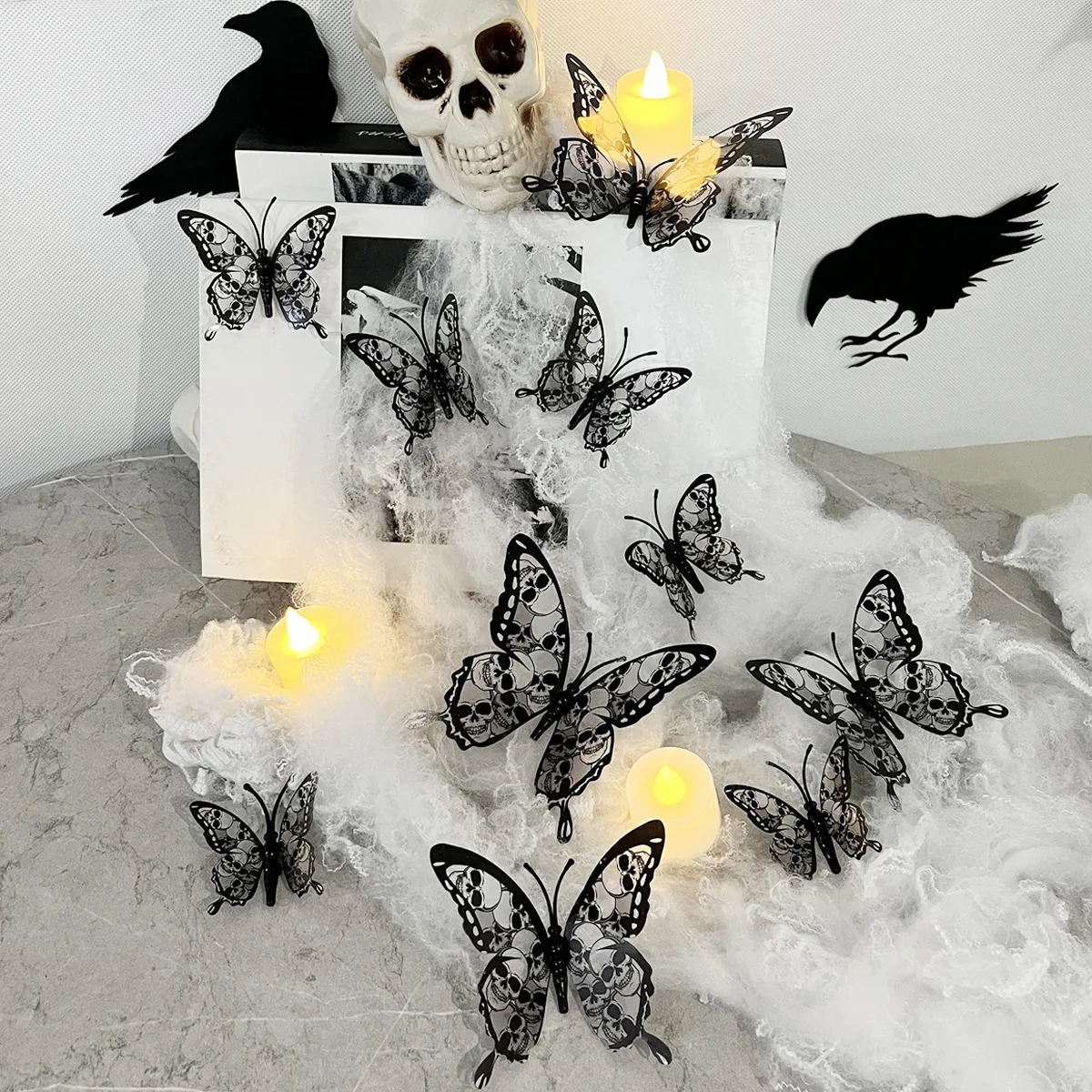 12Pcs Halloween 3D Skull Rose Butterfly Sticker Home Decoration Halloween Horror Wall Stickers Haunted House Bar Party DIY Decor