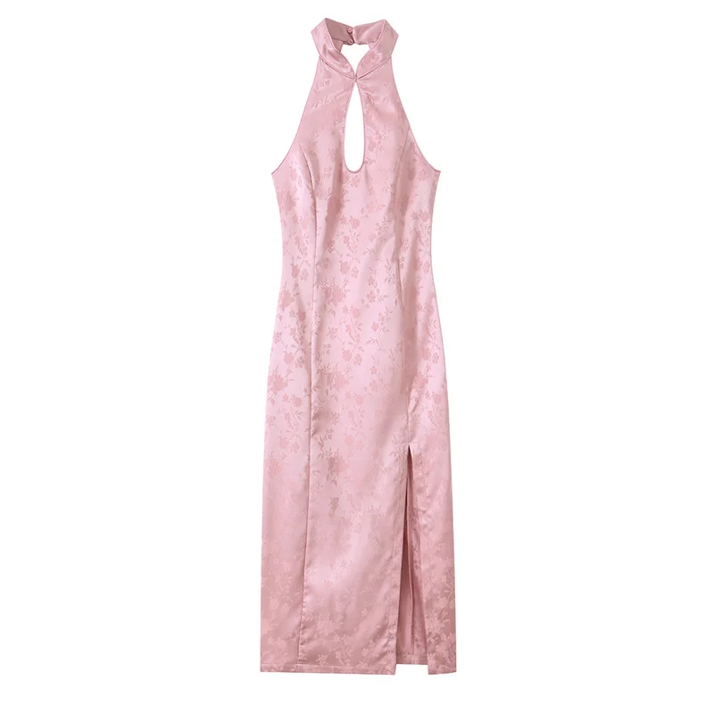 Guobioziy 2026 Summer New Women's Dress Pink Jacquard Halter Neck Hollow Long Dress Elegant and Graceful Beach Vacation - view 2
