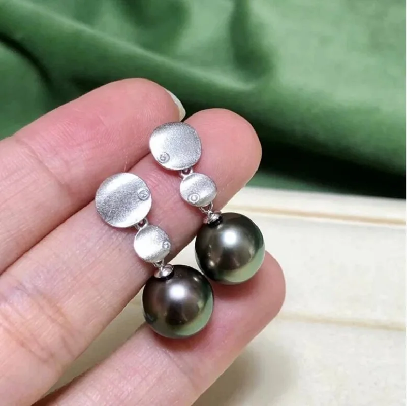 Elegant Pair of South Sea 10-11mm Black Pearl Dangle Earring 925s