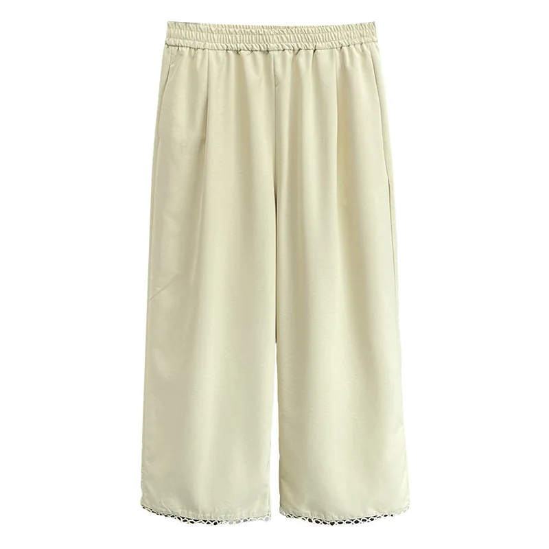 

Женские широкие брюки больших размеров, 100 кг, простые и свежие брюки до щиколотки с кружевным подолом, новый летний стиль