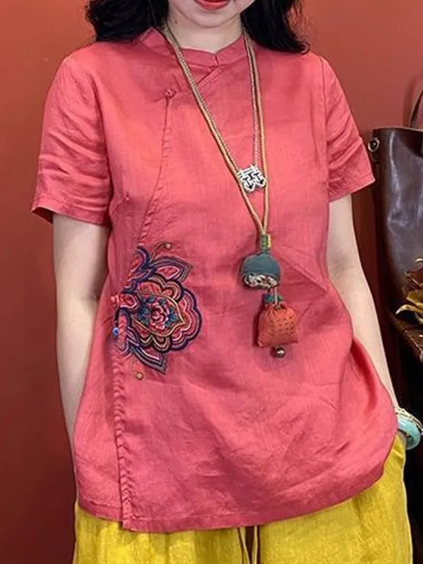 

Ретро-китайская женская вышитая льняная блузка миди с асимметричным воротником, топ в стиле дзен для чаепития, улучшенный ханьфу, повседневная одежда