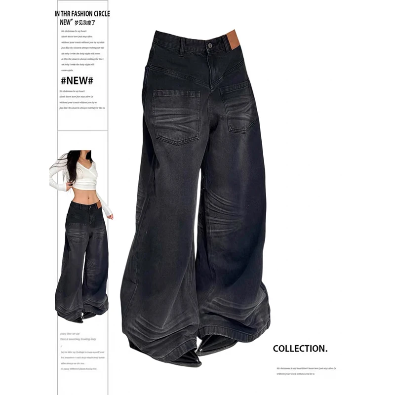 ZHIZOU Baggy Jeans voor dames Zwart Abi Y2k Denim Broek Academia Harajuku Cowboy Wide Fit Jaren 2000 High Street Tide Grunge Cyber Punk