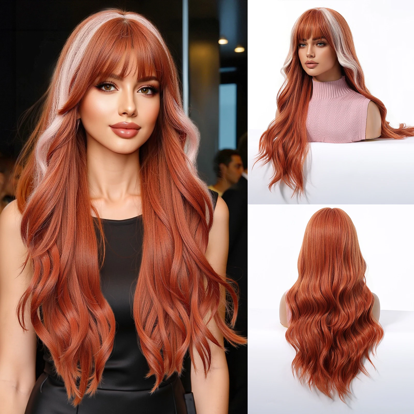 Curly Long Orange Copper Ginger Wavy Synthetic Wigs with Bangs for Women Lolita Cosplay Natural Hair Wig Heat Resistant Daily