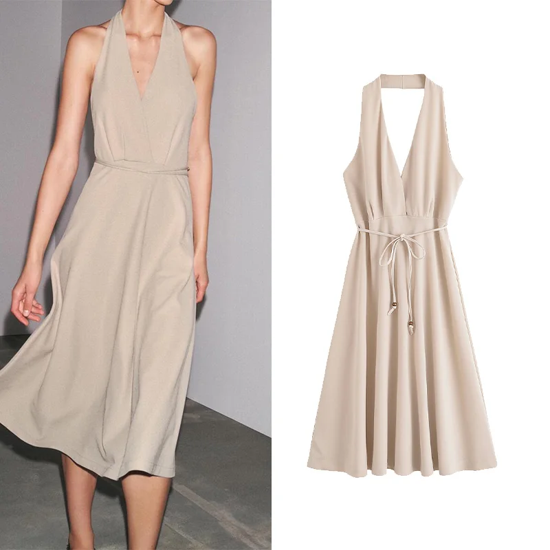 

TRAF Halter Dress With Belt for Women Backless V Neck Women's Midi Dress With Adjustable Tie Belt Female Party Dresses