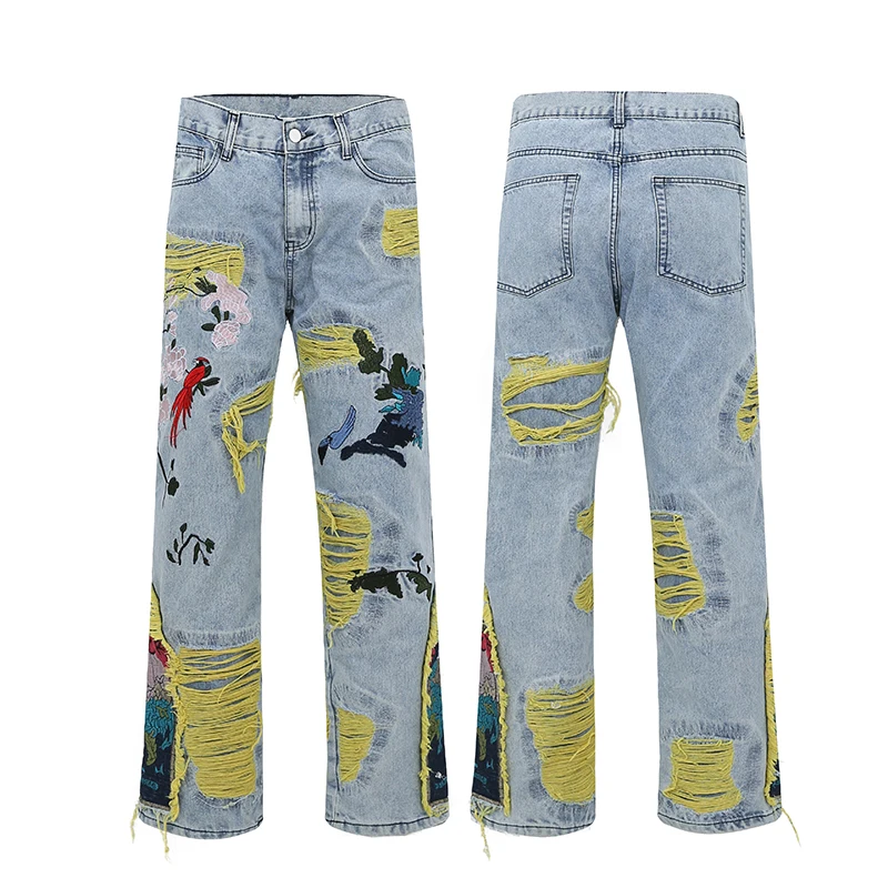 Chinesische Malerei-Stickerei auf Denim-Jeans für Herren, Streetwear mit Falten und Quasten, Distressed Destroyed Jeans, Gerade geschnittene Hose – Detail 6