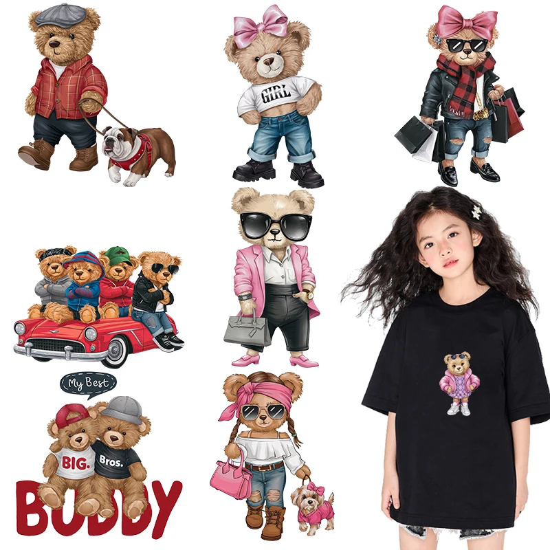 Cool bear doll wearing sunglasses dtf Heat Transfer On Clothes patches for Children's clothing iron on heat transfe Patch