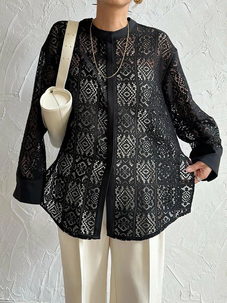 

Sexy O-neck Lace Hollow Out Party Shirts Fashion Solid Color Loose Commute Tops Women Single Breasted Elegant Long Sleeve Blouse