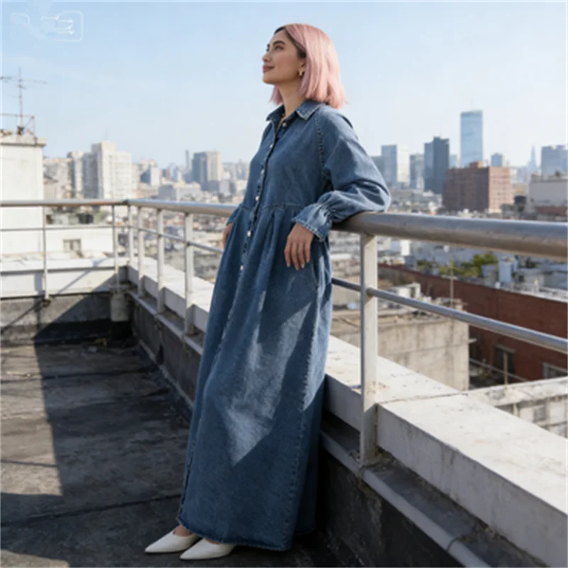 

Muslim Women Denim Dress Vintage Maxi Dresses Single Breasted Shirt Dress Dubai Abaya Kaftan Islam Clothing Vestidos Ramadan New