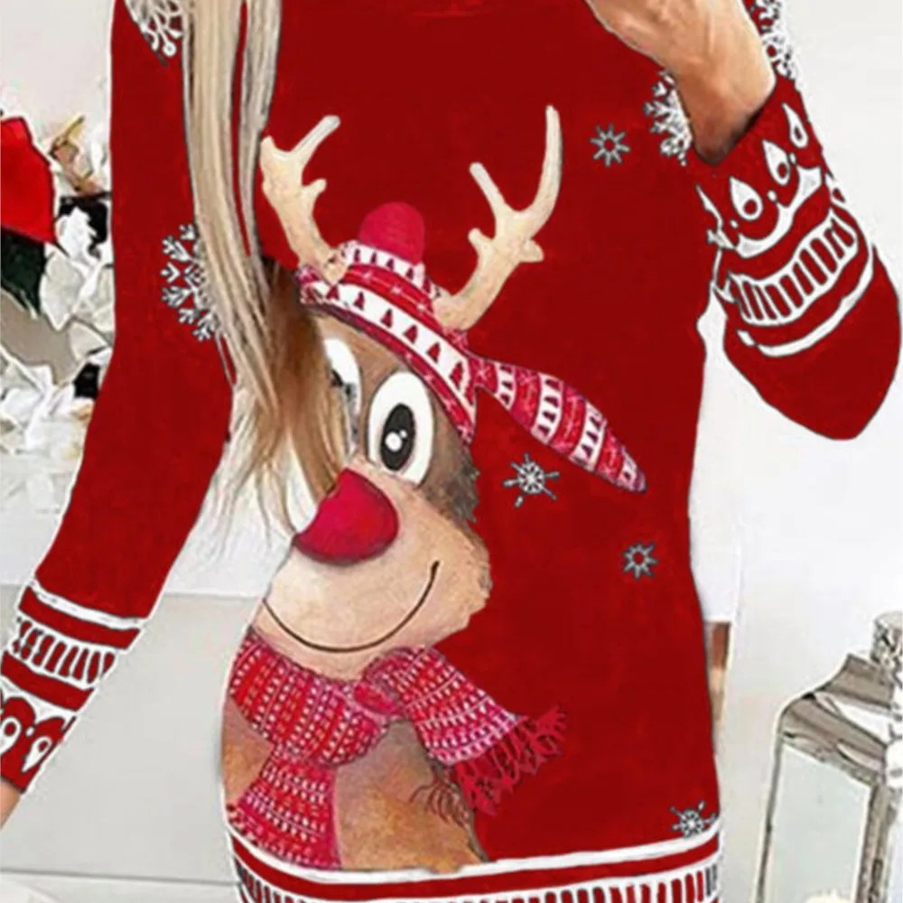 2024 frauen Langarm Rundhals Pullover Weihnachts Drucken Sexy Kleid Herbst Und Winter Neue Slim Fit Pullover T-shirt Kleid