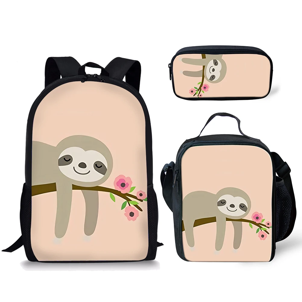 Engraçado Sloth Floral Pattern School Bag Set, mochila para meninos e meninas adolescentes, lancheira casual, estojo de lápis, 3 peças