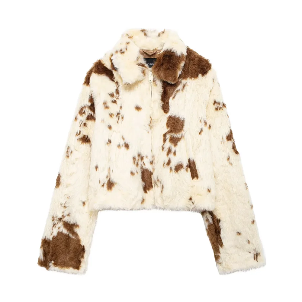 2024 autumn and winter new style temperament fur plush buttonless leopard print long sleeved lapel knitted jacket