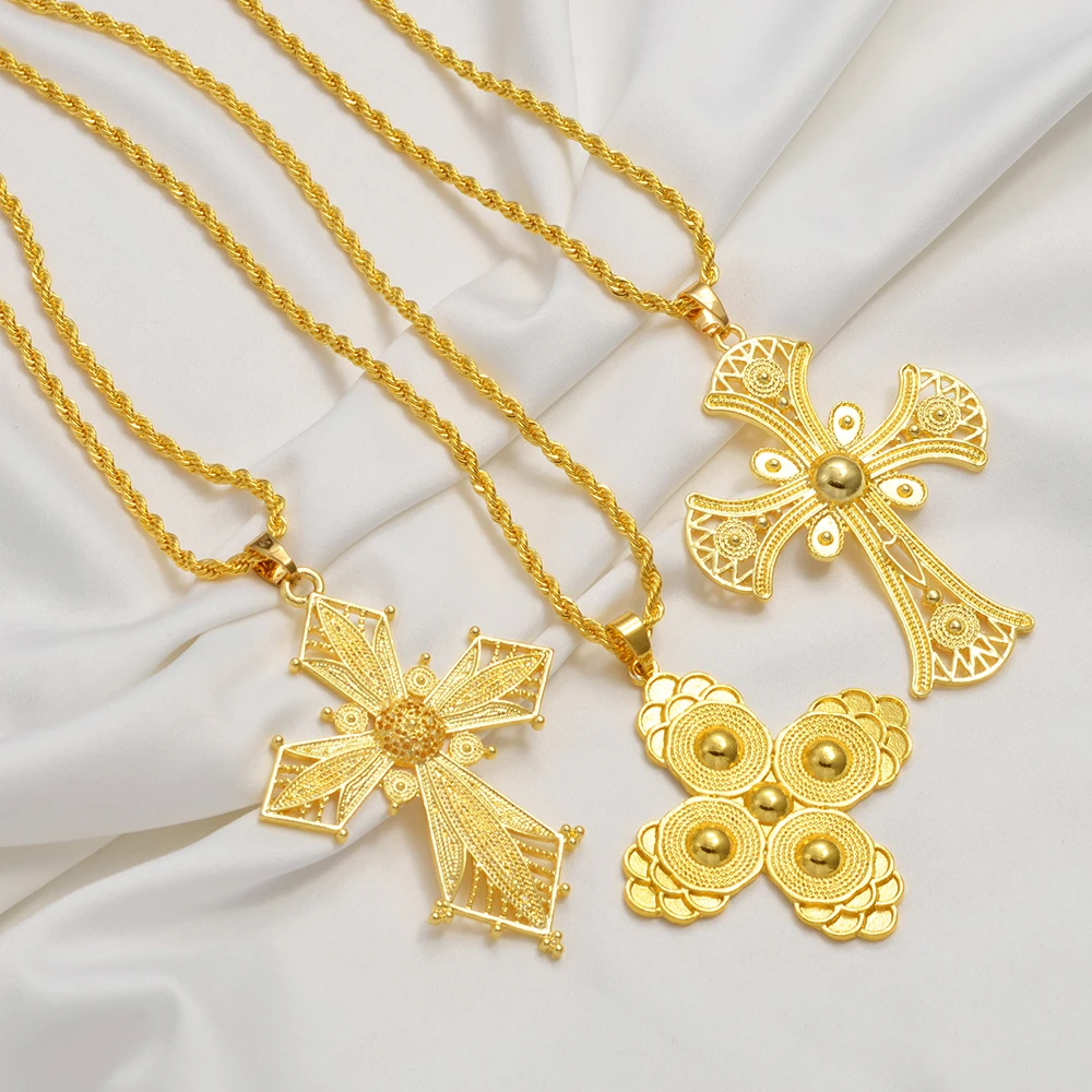 Anniyo Ethiopian Cross Pendant Necklaces for Women Girls Gold Color Habesha Eritrean African Ethnic Traditional Jewelry #346106