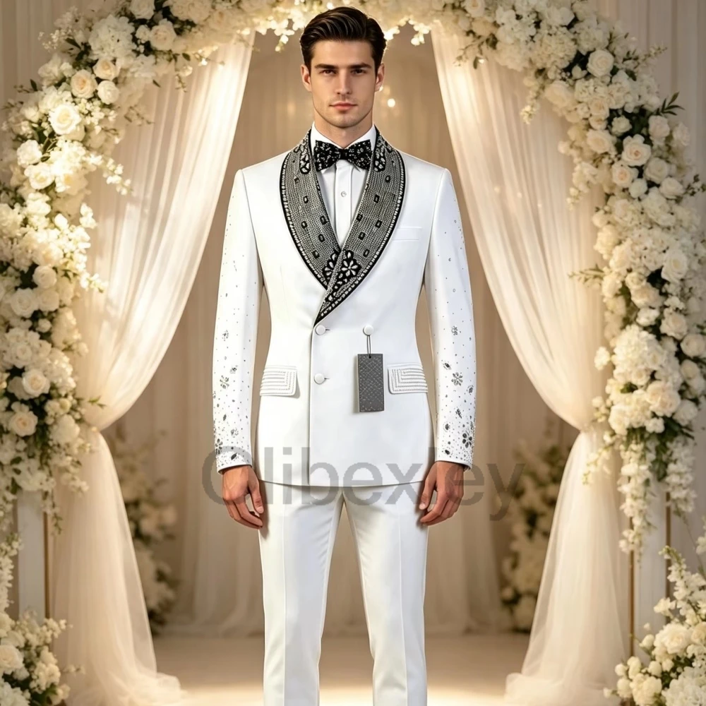Olibexley Mens Wedding Suits White Jacquard With Crystal Beaded Tuxedo 2 Pcs Groom Terno Suits (Jacket+Pants）Customized S394