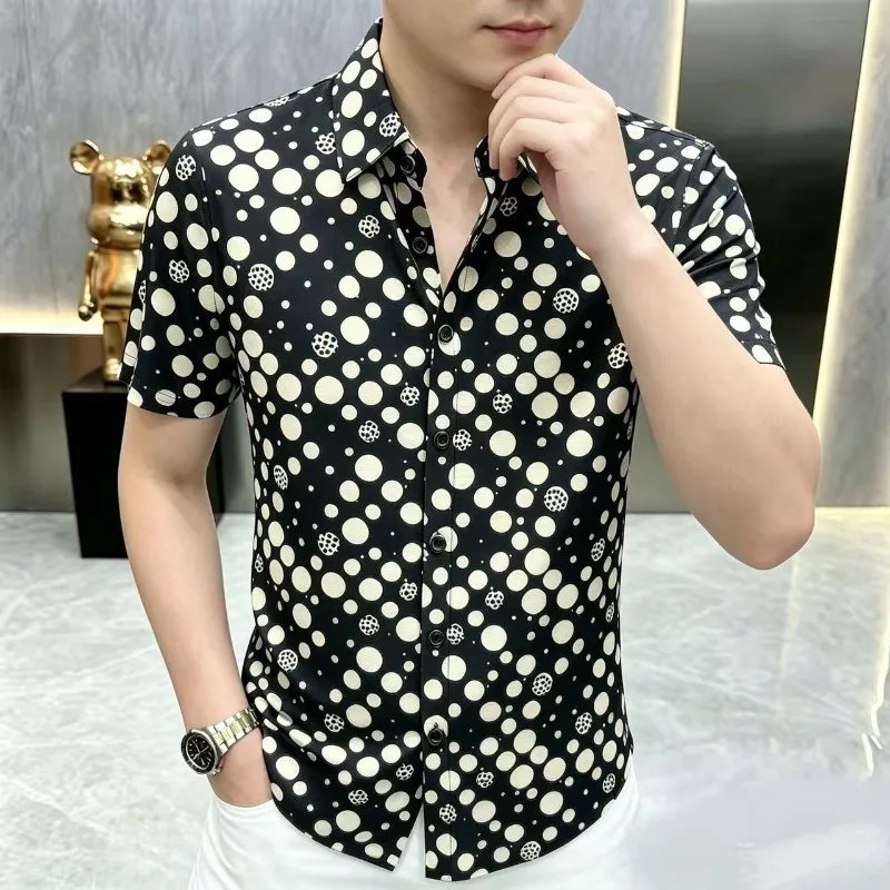 

Summer Polka Dot Printed Short Sleeved Shirt for Men Ice Silk Breathable Casual Social Shirts Lapel Business Office Streetwear
