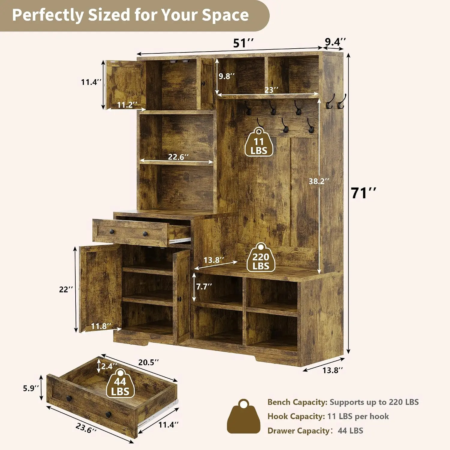 5-in-1 Hall Tree with Bench and Shoe Storage, 51