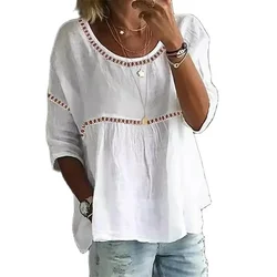 Camisa de emenda oca feminina, blusa de sete quartos de manga, pulôver solto casual feminino de cor sólida, primavera, verão, nova