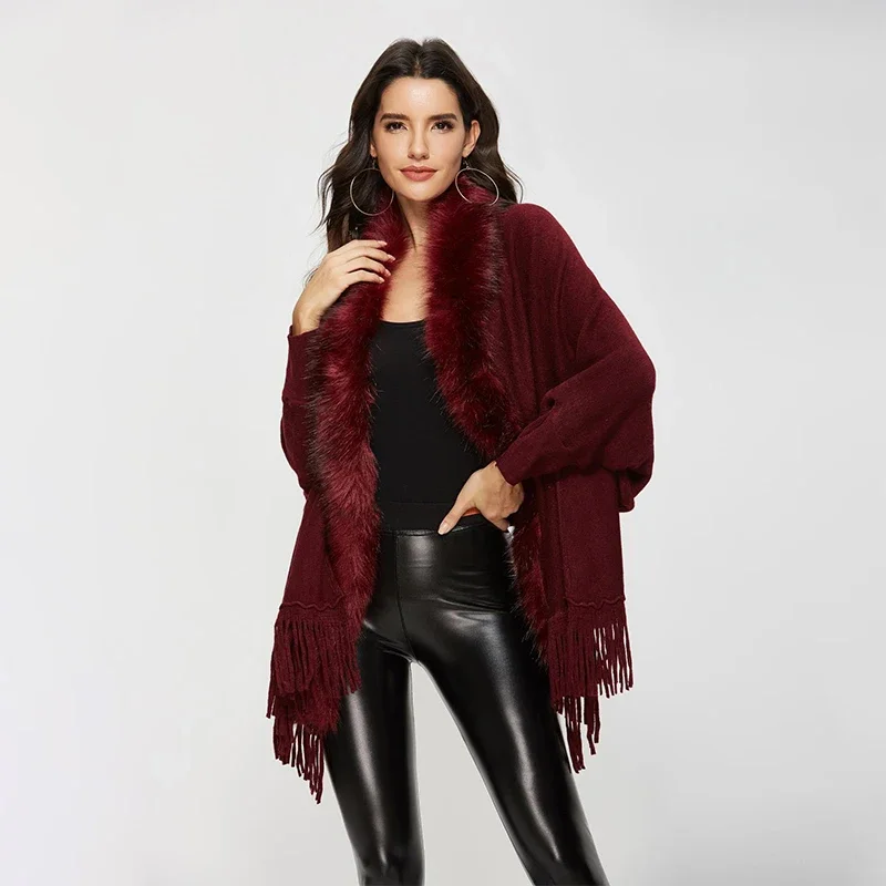 Fur Collar Winter Shawls Knitted Fringe Sweater Ponchos Elegant Batwing Sleeve Long Cardigan Casual Fashion Houndstooth Cloak