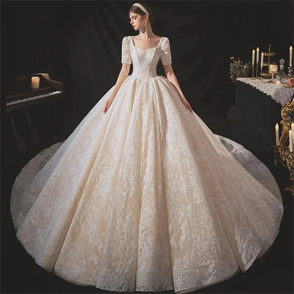 Elegant Princess Wedding Dresses2024 For Women V-neck Short Sleeve Customized Lace Appliques Bridal Gown Ball Gown 2024