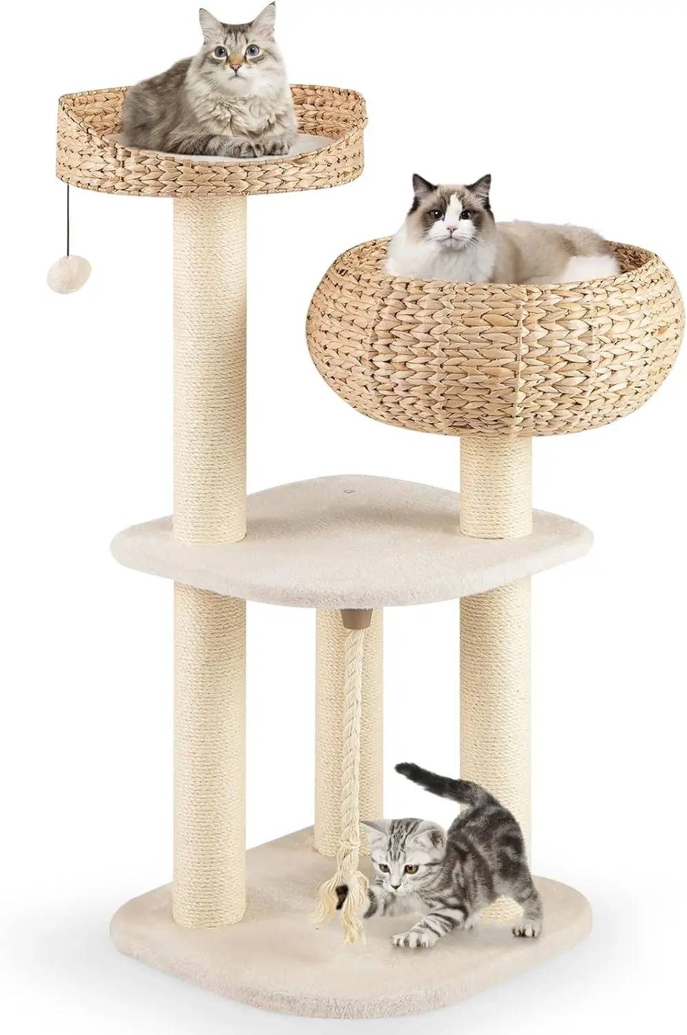 Indoor Tall Cat Tower, Natural Sisal & Wicker, Neutral Tone, Hand-Made Condo & Toy Ball