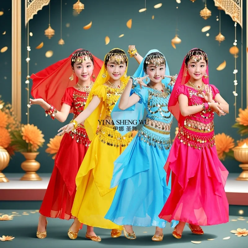 مجموعة أزياء الرقص لغطاء الرأس، فستان الأميرة الملون، أزياء الرقص الشرقي، تصميم الأزياء المتألقة، ملابس الفتيات الهندية للأطفال #4