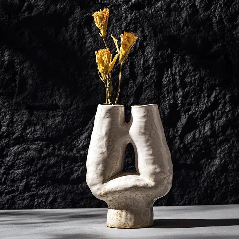 CAPIRON Double Mouth H Vase Ceramic Porcelain Nordic Boho Wabi-sabi Decorative Flowerpot for Dried Flower Pampas Grass Office