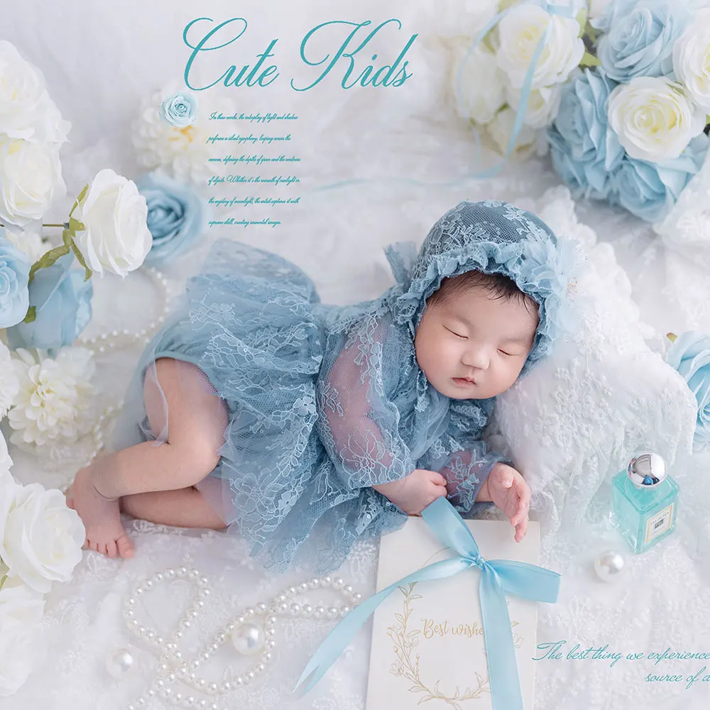 

0-1 Month Girl Newborn Photography Props Set Monet Garden Theme Tulle Skirt+Hat Included Blanket+Pillow+Flower Photo Shoot Prop