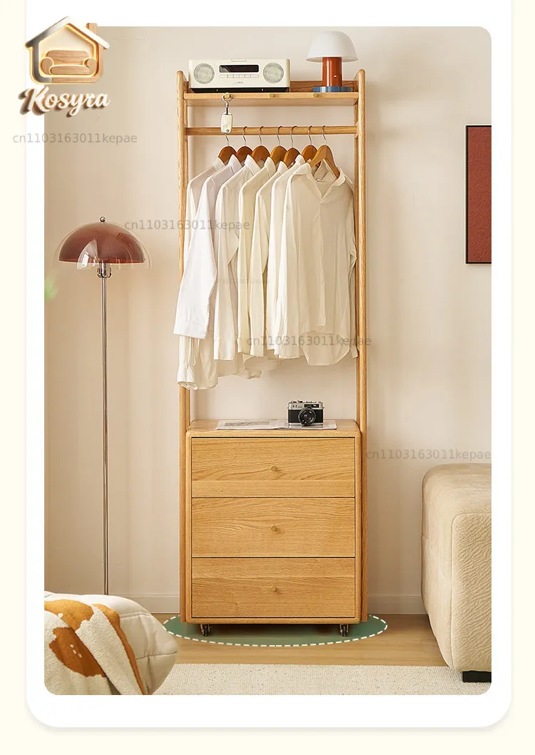Solid wood bedside table coat rack integrated household indoor bedroom hanger oak rack drawer floor hanger
