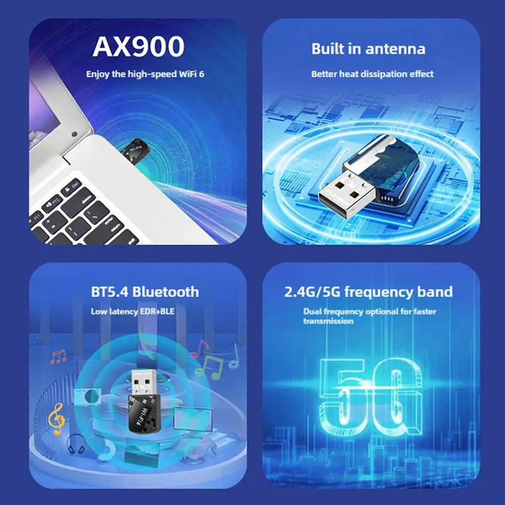 Adaptador 2 en 1 Bluetooth 5,4 USB WiFi 6 tarjeta de red inalámbrica de 900Mbps doble banda 2,4G 5G USB Dongle conexión rápida estable