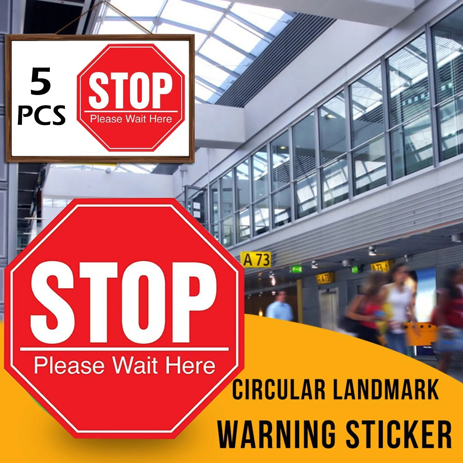 5 Sheets Stop Please Wait Here Sign Public Safety Sign Social Distancing Awareness Sign Floor Marker Adhesive Vinyl Decal