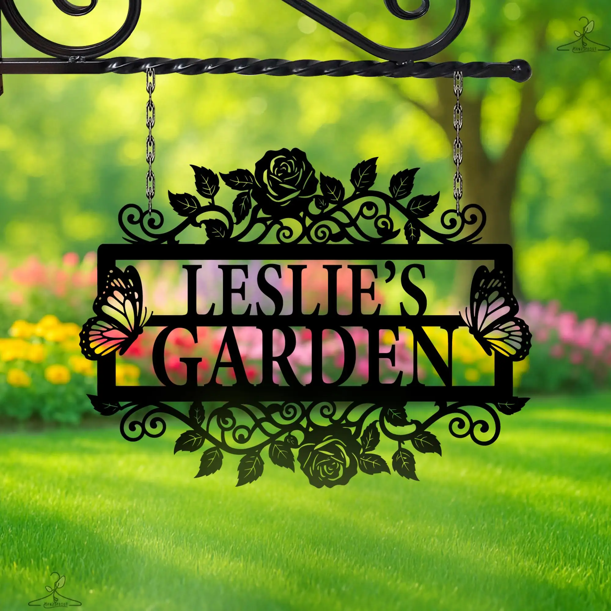 Custom Floral Garden Decor Custom Name Metal Garden Wall Art Butterflies Roses Outdoor Decor Flower