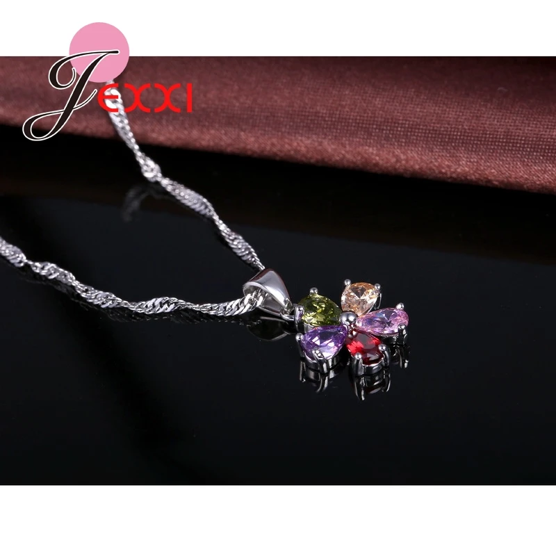Five Petaled Flowers Shinning Colorful CZ Crystal Pendant Jewelry Sets 925 Sterling Silver Necklace + Dangle/Hoop Earring Sets