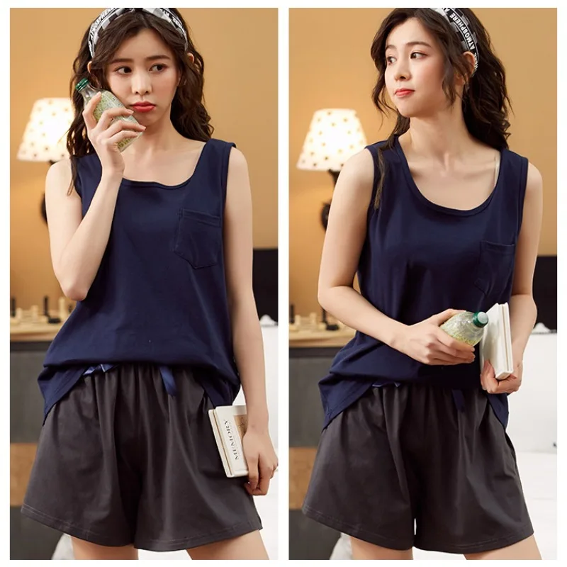 

New Women's Pajamas Set Summer Cotton Solid Color Top Print Shorts Sleepwear Korean Kawaii Home Clothes Pijama Two Piece Set