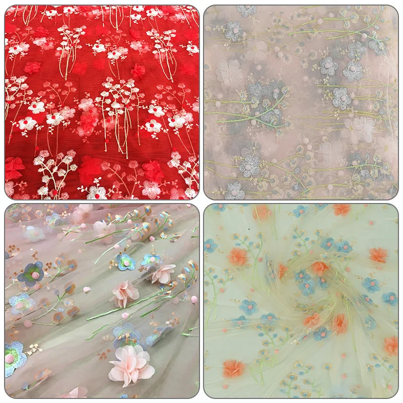 145cm Embroidery Lace Fabric 3D Flower Mesh Tulle Floral DIY Dress Skirt Curtain Craft Wedding Dress Tutu Skirt Curtain Supplies