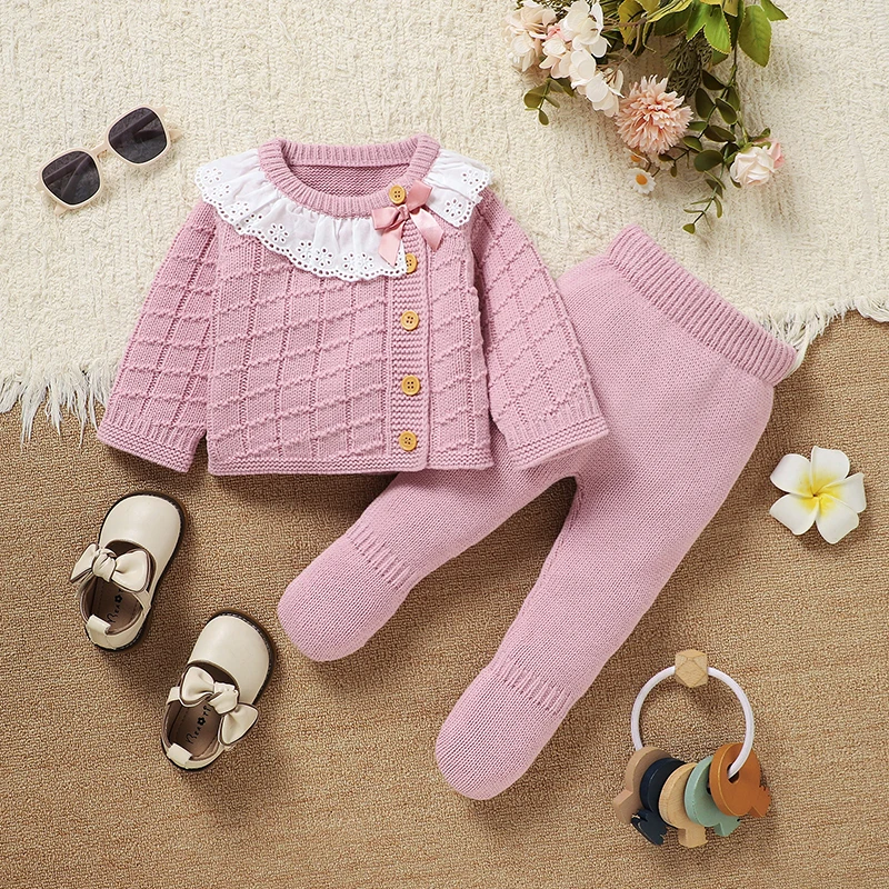 

Комплекты одежды для маленьких девочек, розовые вязаные свитера с длинными рукавами, пуловеры, топы + леггинсы, комплект из 2 предметов для малышей, осенне-зимняя одежда