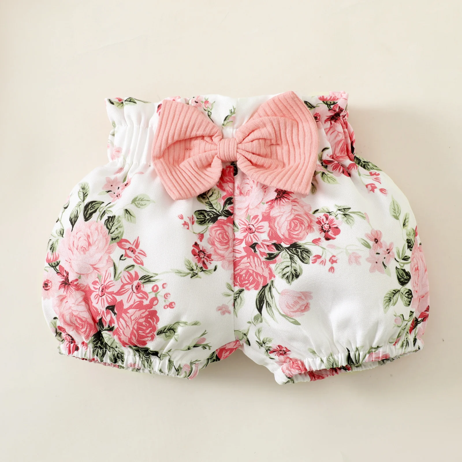 0-2 year old newborn baby girl summer pink round neck lace short sleeve with flowers printed bow shorts cute suit