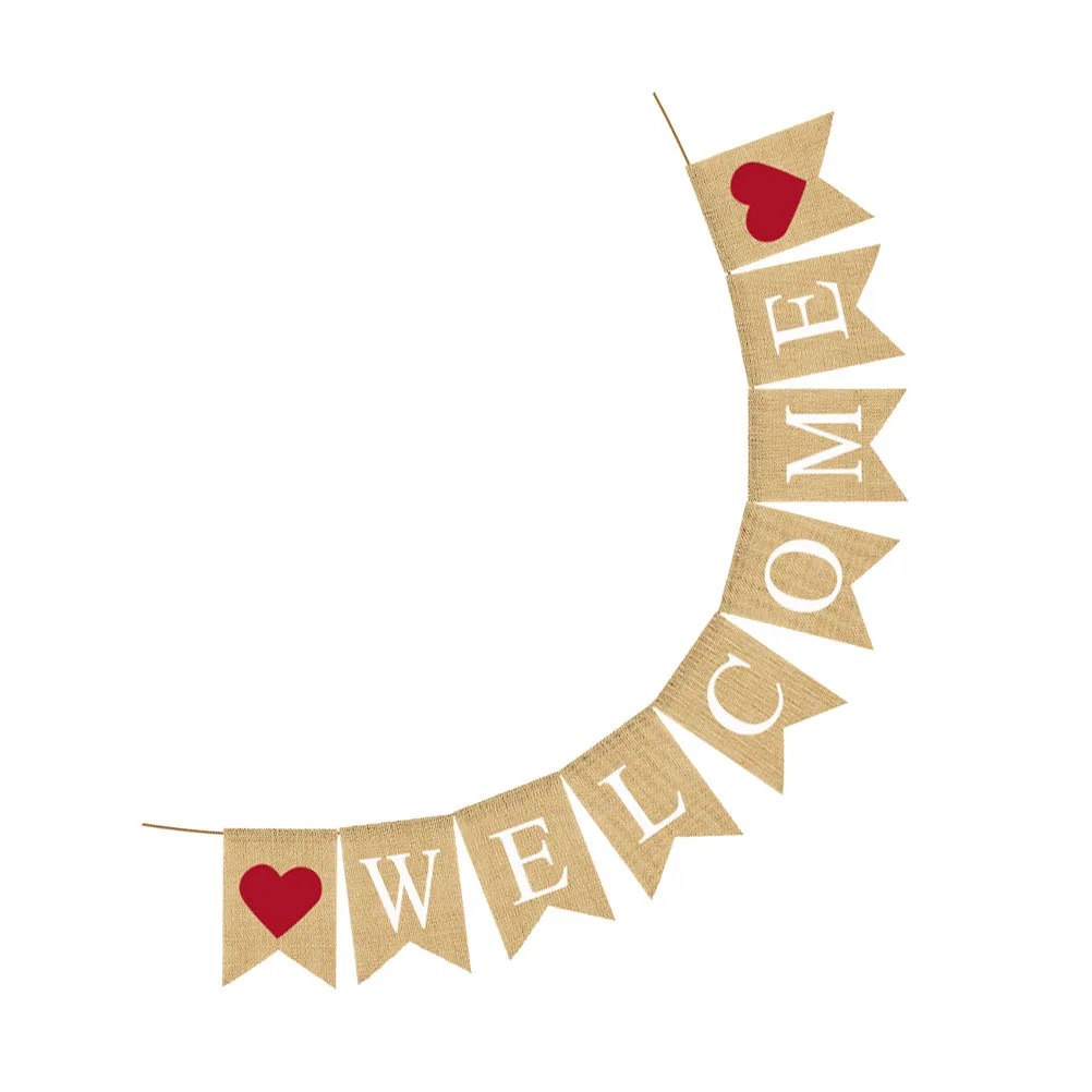 

WELCOME Flag Wedding Bunting Swallowtail Party Banner Decor Heart-shaped Garland Burlap Office Flower