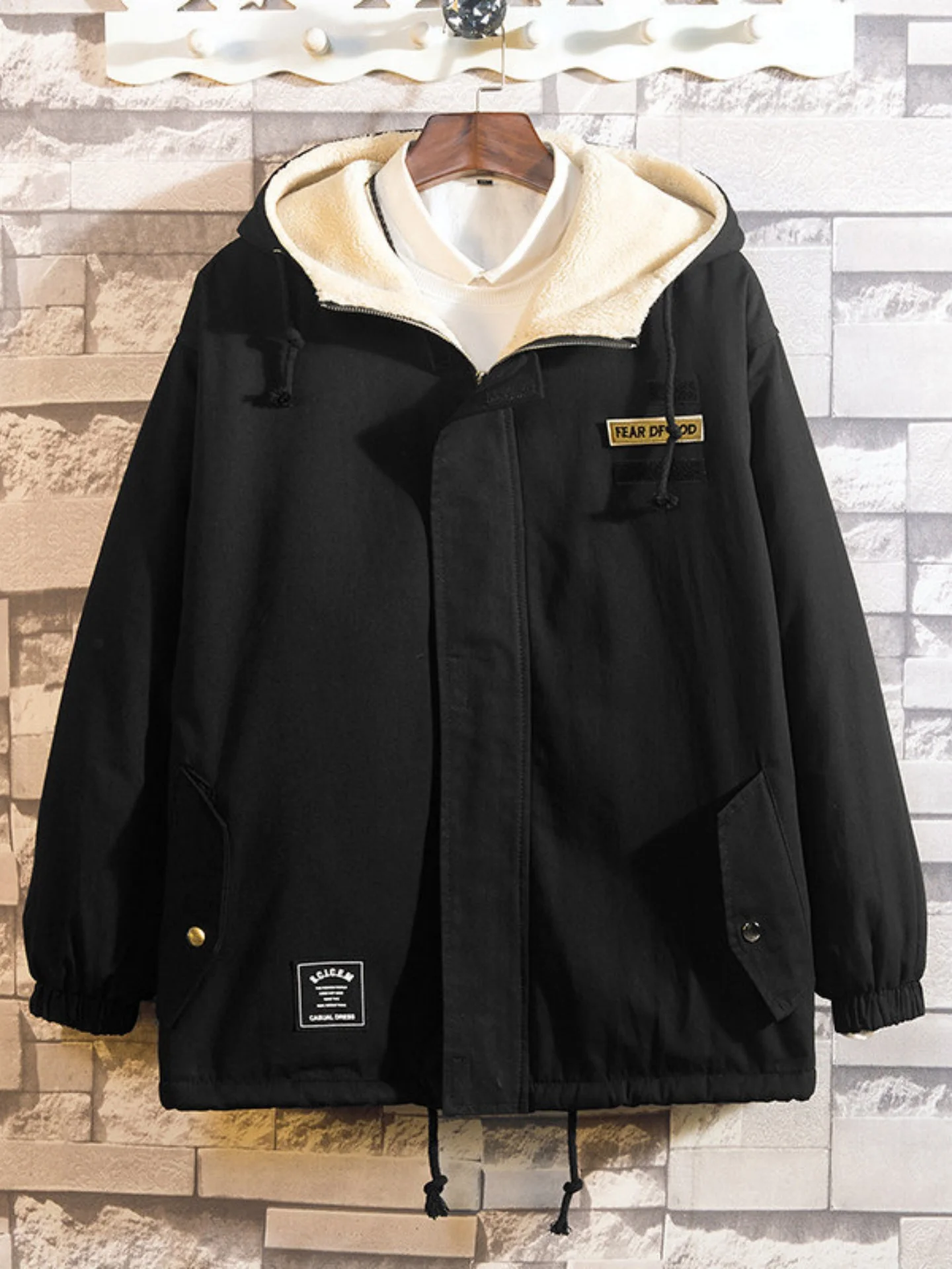 

Мужская утепленная куртка из овечьего флиса с капюшоном, теплая зимняя рабочая одежда, модная повседневная однотонная куртка на молнии