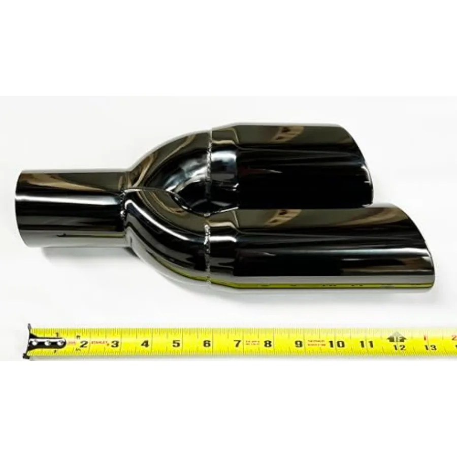Ujung Knalpot Dual Round Slant dengan Inlet 3.00 dan Outlet 3.00, Panjang 13.00, Finishing Hitam Chrome pada Baja Tahan Karat 304, Ideal untuk Hi