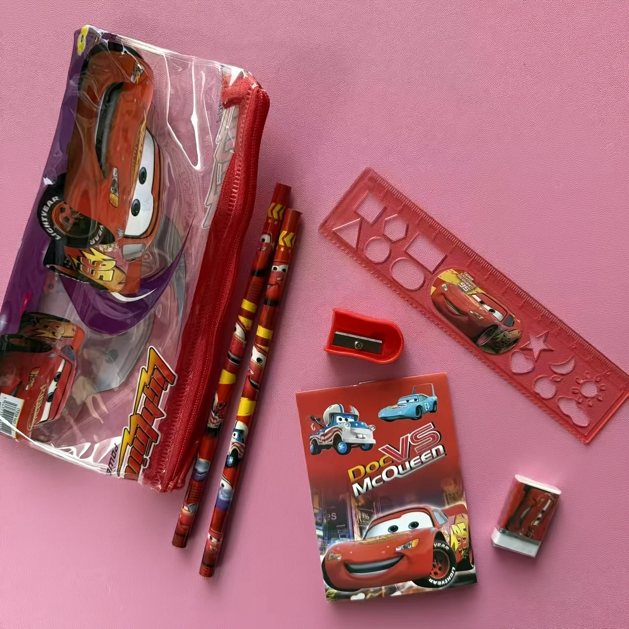 7Pcs Cars Lightning McQueen Stationery Set with Pencil Case, Notebook, Ruler, 2Pencils, Sharpener & Eraser view 2
